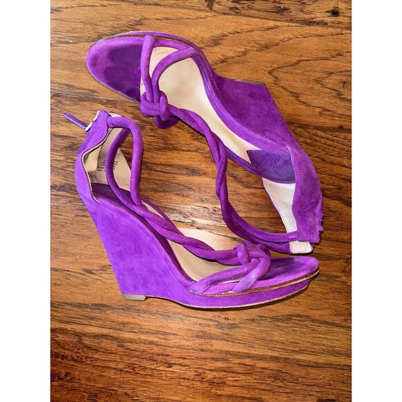 Brian Atwood Priscilla Purple Wedge Heels Leather 7.5 Straps Zip Peep Toe - Picture 3 of 11